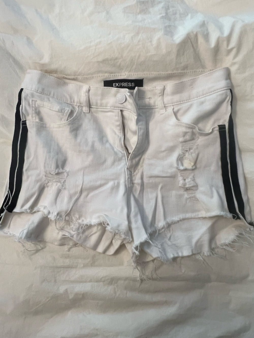 Express White Distressed Denim Shorts with Black Side Stripes